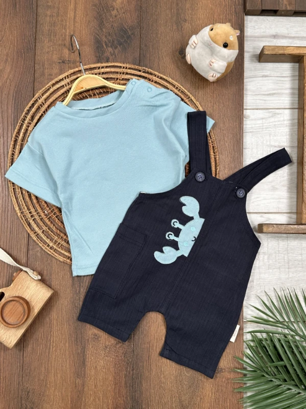 Yengeç Nakışlı Omuzdan Çıtçıtlı Badi Yazlık Salopet Erkek Bebek Takım - YEŞİL