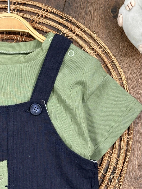 Yengeç Nakışlı Omuzdan Çıtçıtlı Badi Yazlık Salopet Erkek Bebek Takım - YEŞİL