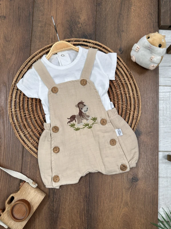 Müslin Salopet Horse Nakışlı Badili Yazlık Erkek Bebek Takım - SÜTLÜ KAHVE