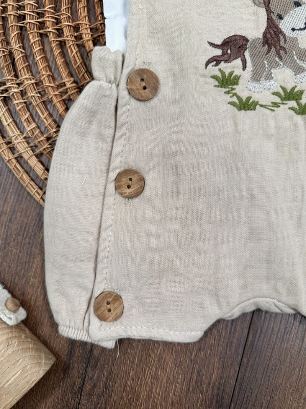 Müslin Salopet Horse Nakışlı Badili Yazlık Erkek Bebek Takım - SÜTLÜ KAHVE