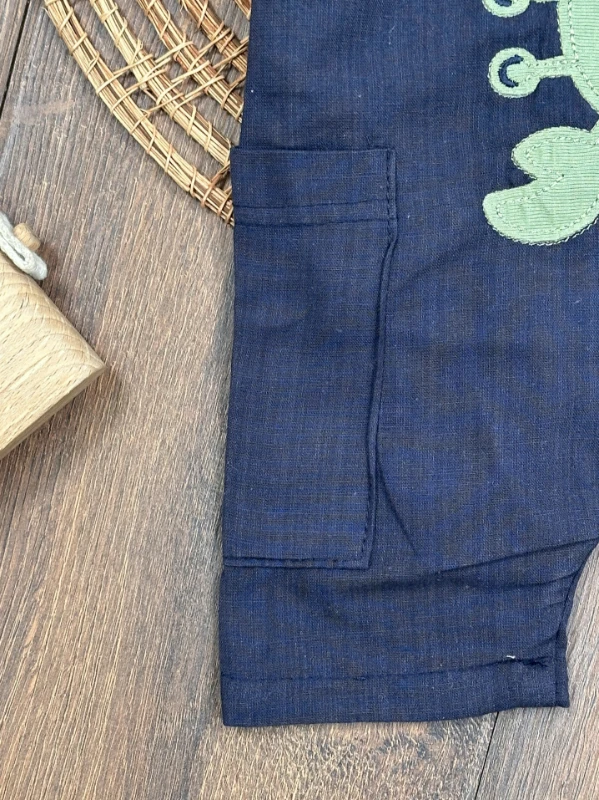 Yengeç Nakışlı Omuzdan Çıtçıtlı Badi Yazlık Salopet Erkek Bebek Takım - YEŞİL