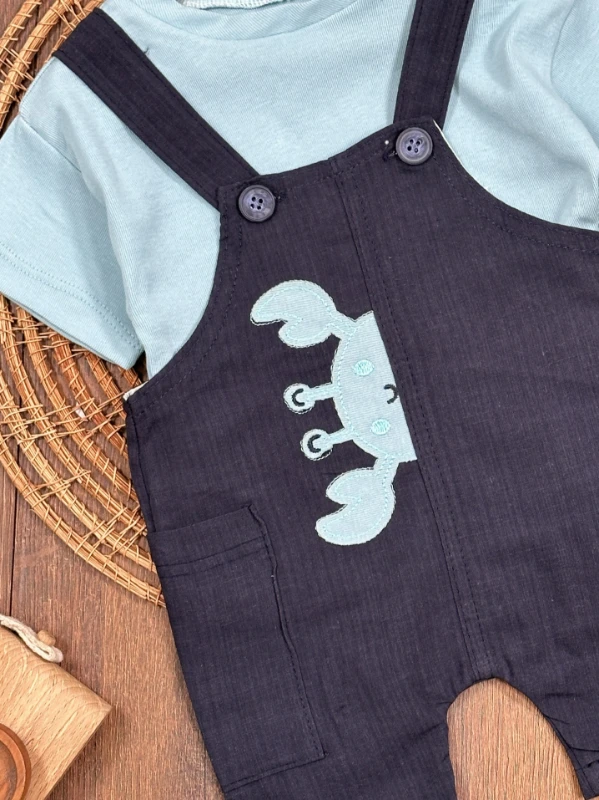 Yengeç Nakışlı Omuzdan Çıtçıtlı Badi Yazlık Salopet Erkek Bebek Takım - YEŞİL