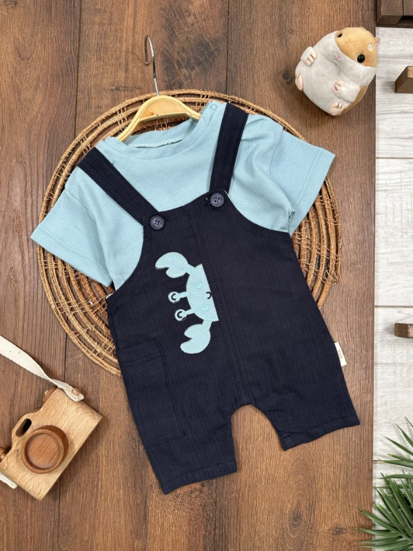 Yengeç Nakışlı Omuzdan Çıtçıtlı Badi Yazlık Salopet Erkek Bebek Takım - YEŞİL