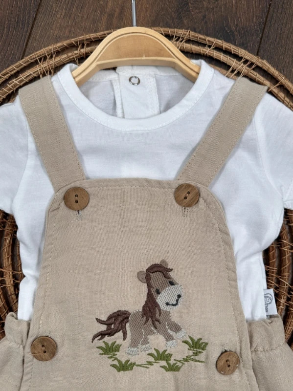 Müslin Salopet Horse Nakışlı Badili Yazlık Erkek Bebek Takım - SÜTLÜ KAHVE