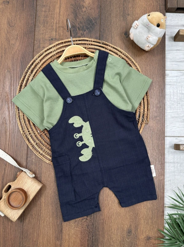 Yengeç Nakışlı Omuzdan Çıtçıtlı Badi Yazlık Salopet Erkek Bebek Takım - YEŞİL