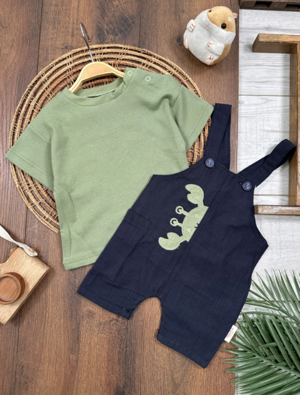 Yengeç Nakışlı Omuzdan Çıtçıtlı Badi Yazlık Salopet Erkek Bebek Takım - YEŞİL