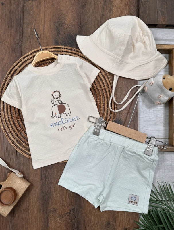 SafariBaskılı Şapkalı Omuzdan Çıtçıtlı Yazlık Erkek Bebek Takım - MAVİ