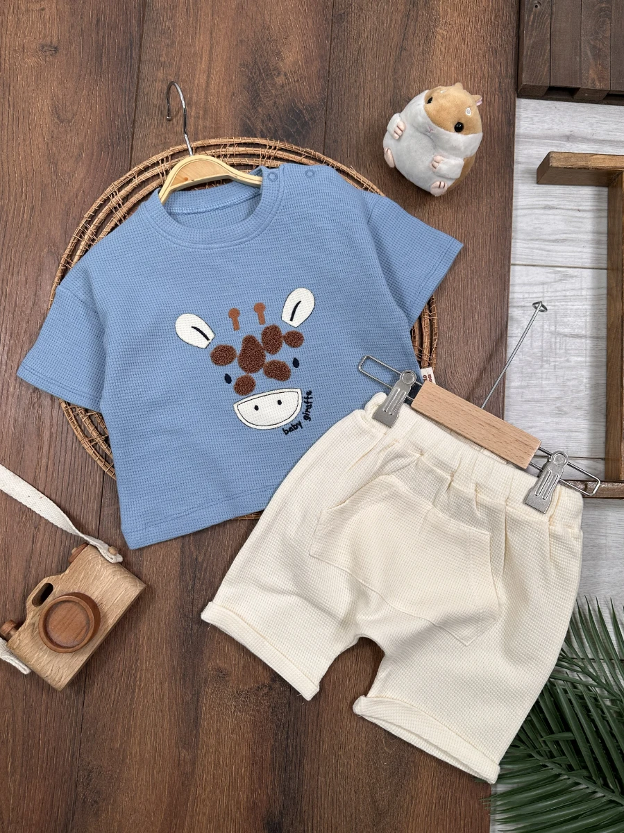 Waffle Nakışlı Omuzdan Çıtçıtlı Yazlık Erkek Bebek Takım - MAVİ