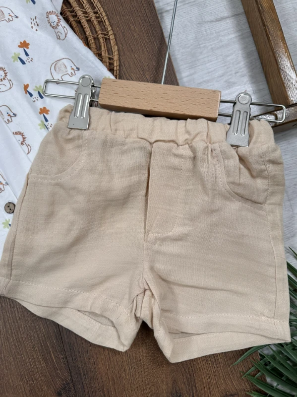 Safari Baskılı Gömlek Badili Şortlu Yazlık 3lü Erkek Bebek Takım - MAVİ