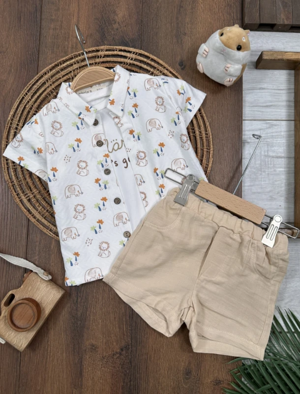 Safari Baskılı Gömlek Badili Şortlu Yazlık 3lü Erkek Bebek Takım - MAVİ