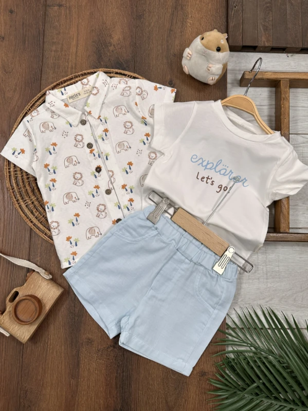 Safari Baskılı Gömlek Badili Şortlu Yazlık 3lü Erkek Bebek Takım - MAVİ