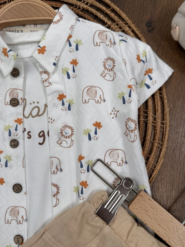 Safari Baskılı Gömlek Badili Şortlu Yazlık 3lü Erkek Bebek Takım - MAVİ