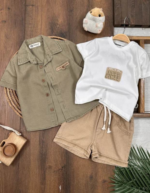 Keten Gömlek Önden Düğmeli Badili Şortlu Yazlık 3lü Erkek Bebek Takım - LACİVERT