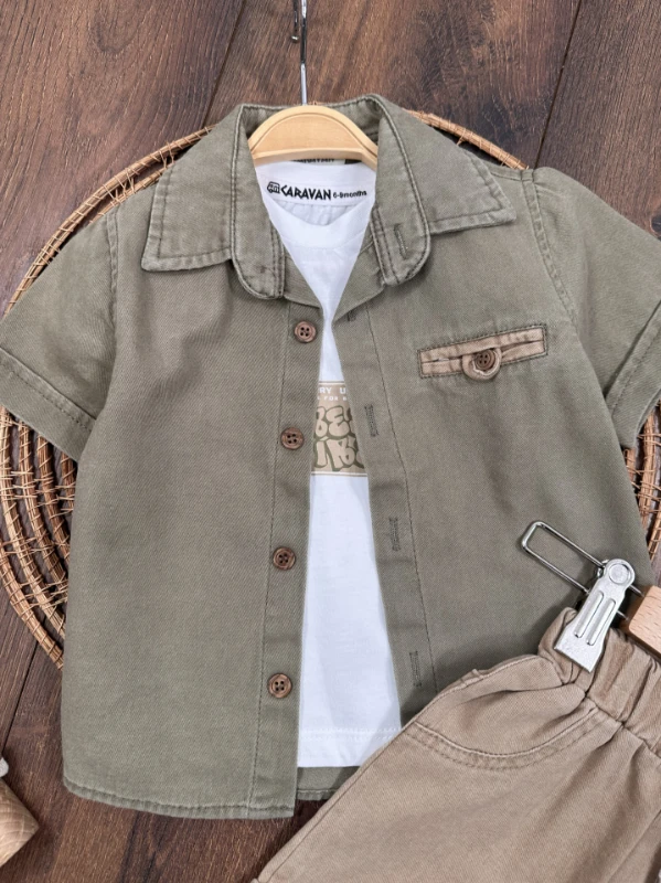 Keten Gömlek Önden Düğmeli Badili Şortlu Yazlık 3lü Erkek Bebek Takım - LACİVERT