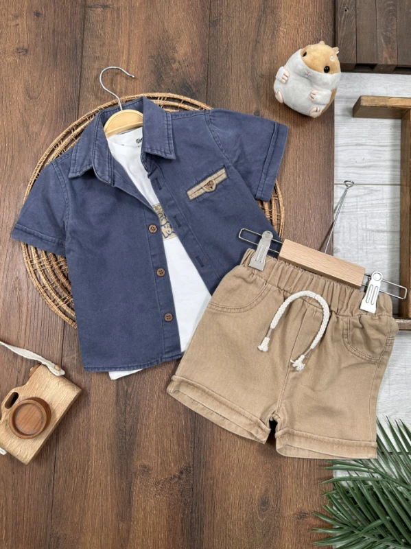 Keten Gömlek Önden Düğmeli Badili Şortlu Yazlık 3lü Erkek Bebek Takım - LACİVERT