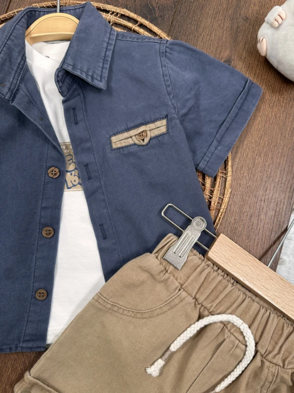 Keten Gömlek Önden Düğmeli Badili Şortlu Yazlık 3lü Erkek Bebek Takım - LACİVERT