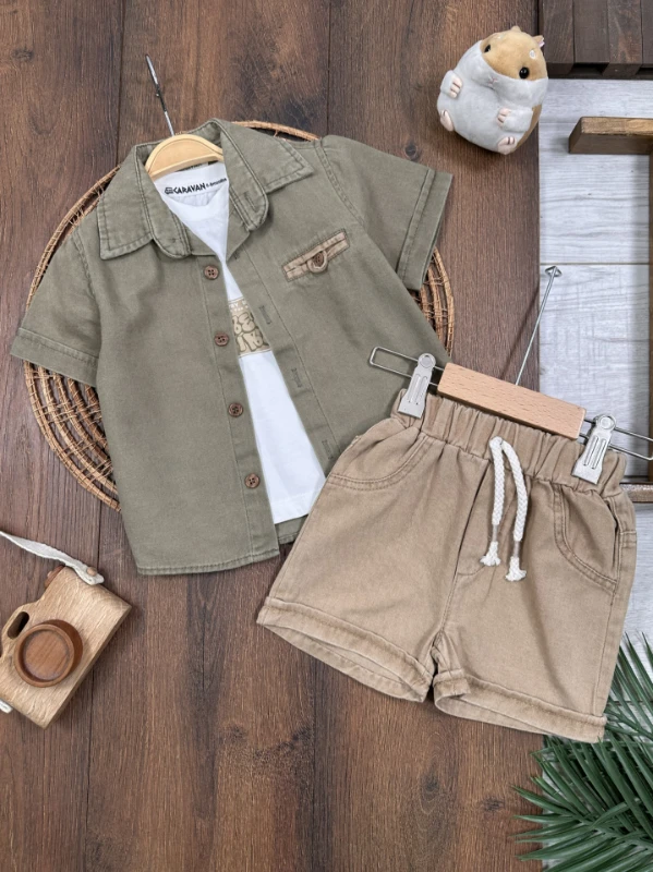 Keten Gömlek Önden Düğmeli Badili Şortlu Yazlık 3lü Erkek Bebek Takım - LACİVERT