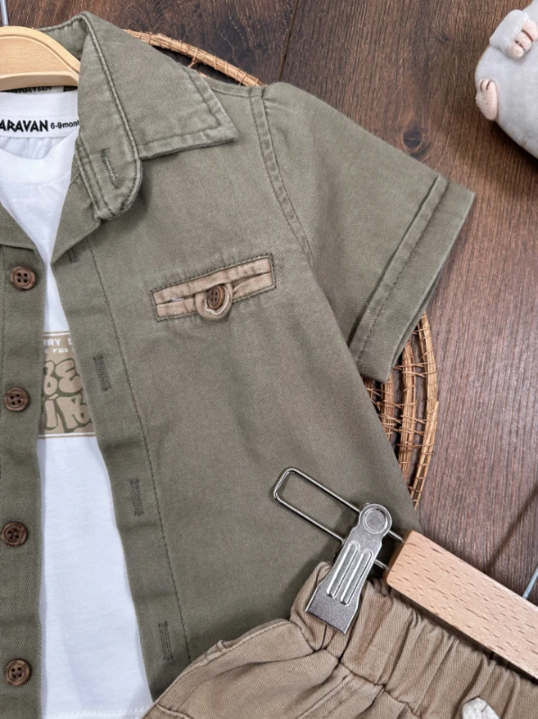 Keten Gömlek Önden Düğmeli Badili Şortlu Yazlık 3lü Erkek Bebek Takım - LACİVERT