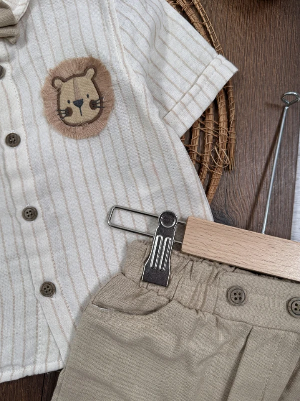 Aslan Figürlü Papyonlu Çizili Keten Şortlu Yazlık Erkek Bebek Takım - SÜTLÜ KAHVE