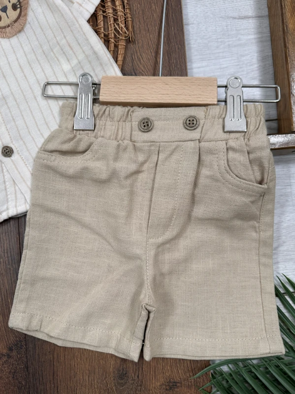 Aslan Figürlü Papyonlu Çizili Keten Şortlu Yazlık Erkek Bebek Takım - SÜTLÜ KAHVE