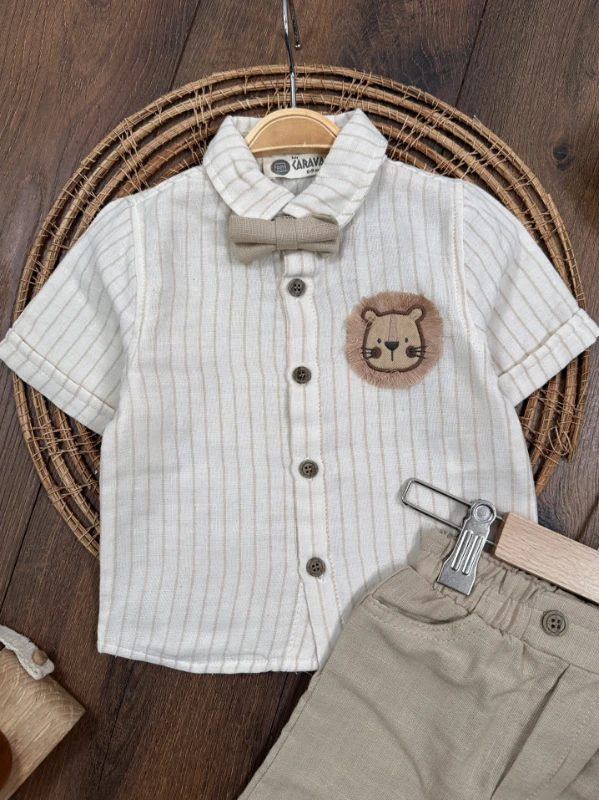 Aslan Figürlü Papyonlu Çizili Keten Şortlu Yazlık Erkek Bebek Takım - SÜTLÜ KAHVE