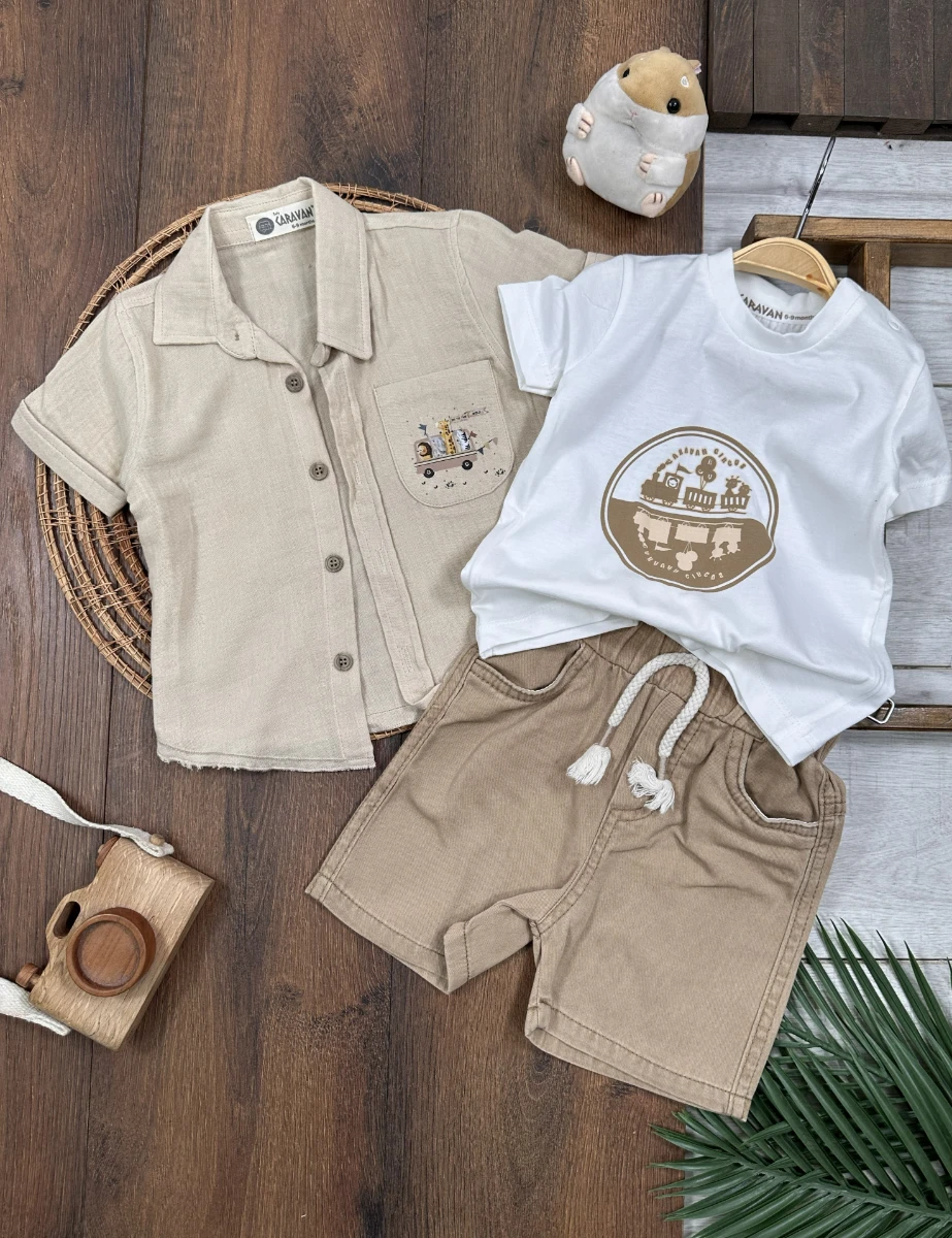 Karavan Baskılı Badili Keten Şortlu Yazlık Erkek Bebek Takım - SÜTLÜ KAHVE