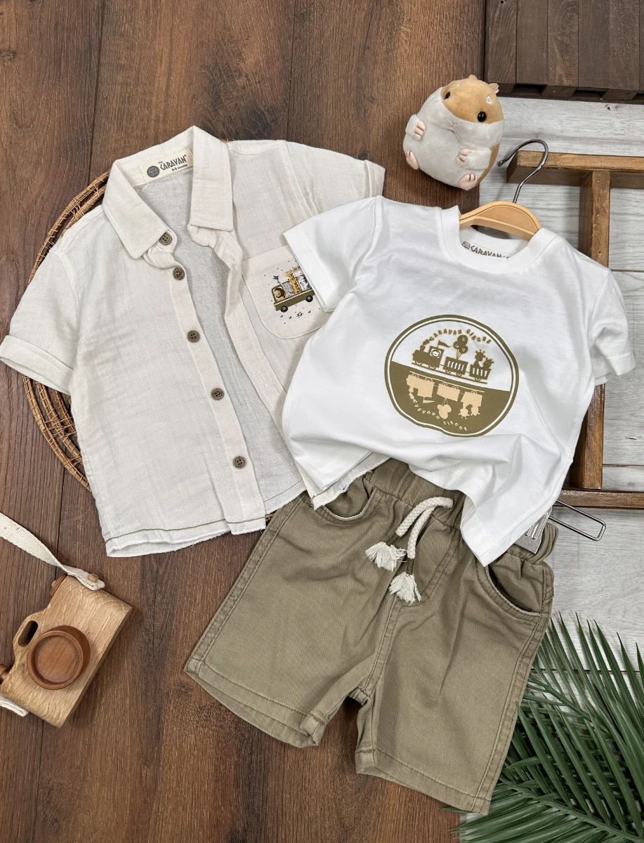 Karavan Baskılı Badili Keten Şortlu Yazlık Erkek Bebek Takım - HAKİ YEŞİL