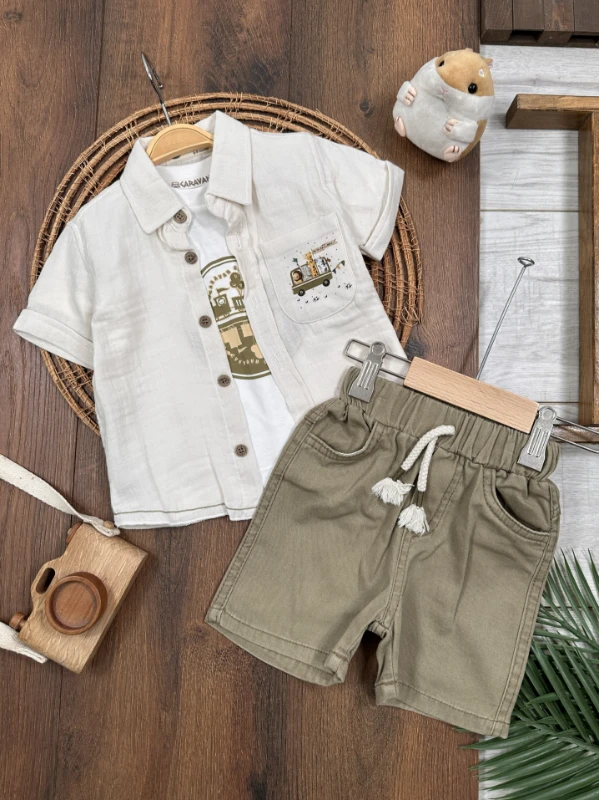 Karavan Baskılı Badili Keten Şortlu Yazlık Erkek Bebek Takım - HAKİ YEŞİL