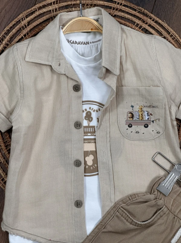 Karavan Baskılı Badili Keten Şortlu Yazlık Erkek Bebek Takım - HAKİ YEŞİL