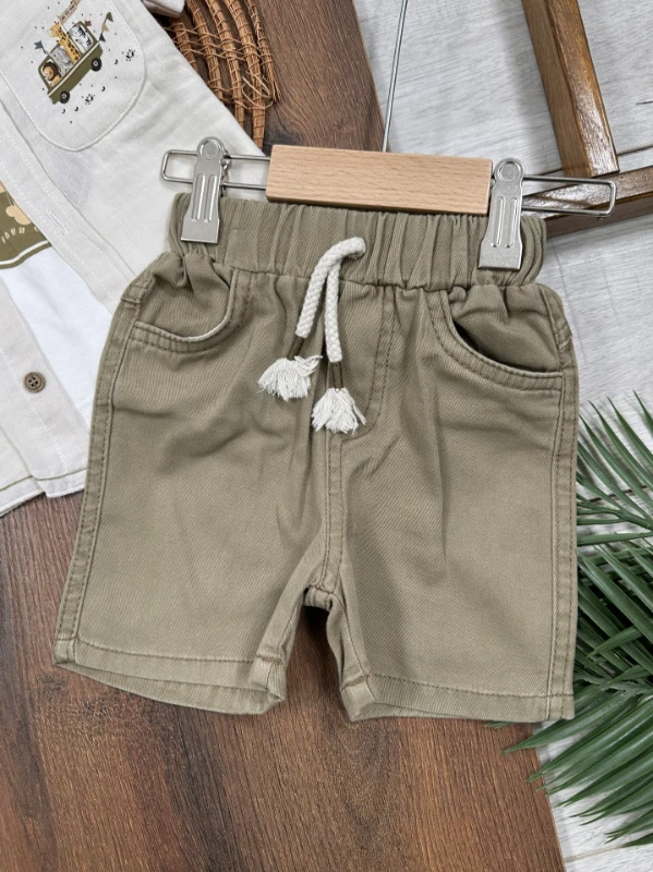 Karavan Baskılı Badili Keten Şortlu Yazlık Erkek Bebek Takım - HAKİ YEŞİL