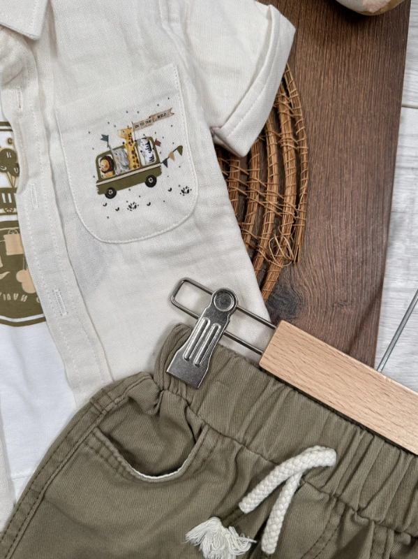 Karavan Baskılı Badili Keten Şortlu Yazlık Erkek Bebek Takım - HAKİ YEŞİL