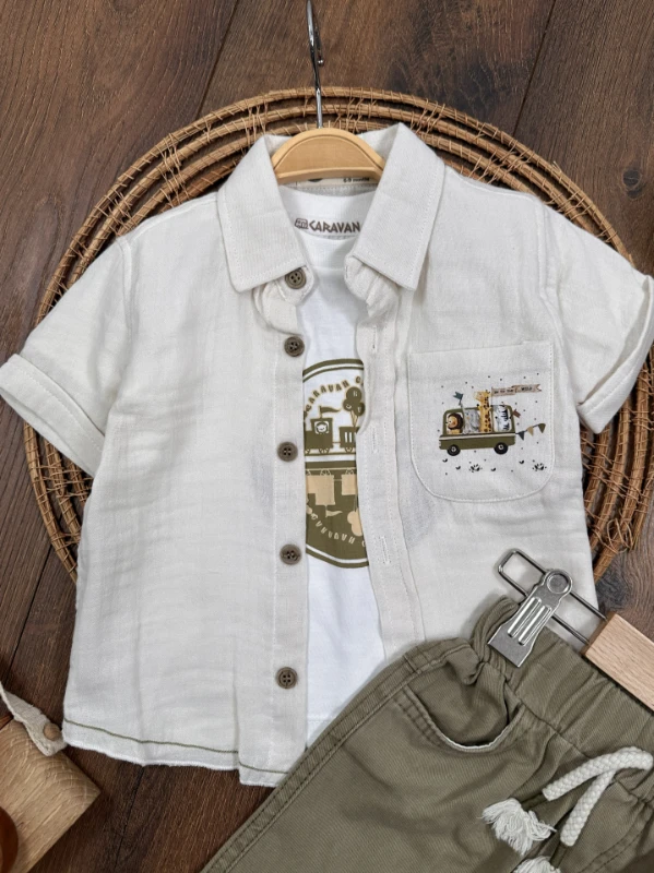 Karavan Baskılı Badili Keten Şortlu Yazlık Erkek Bebek Takım - HAKİ YEŞİL