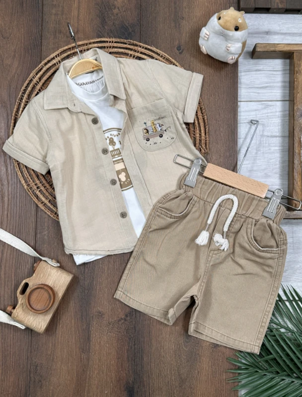 Karavan Baskılı Badili Keten Şortlu Yazlık Erkek Bebek Takım - HAKİ YEŞİL