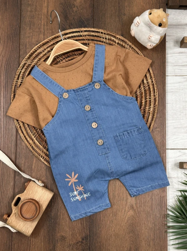 Palmiye Baskılı Düğme DetaylıYazlık Kot Salopet Erkek Bebek Takım - KAHVE