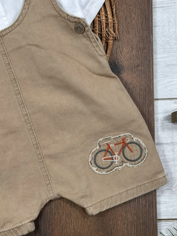 Bisiklet Nakışlı Papyonlu Gömlekli Keten Yazlık Salopet Erkek Bebek Takım - SÜTLÜ KAHVE