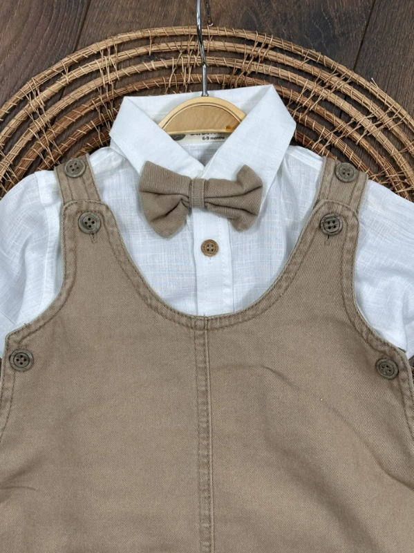 Bisiklet Nakışlı Papyonlu Gömlekli Keten Yazlık Salopet Erkek Bebek Takım - SÜTLÜ KAHVE