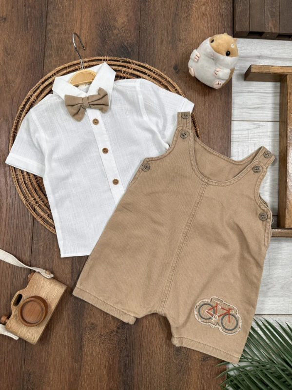 Bisiklet Nakışlı Papyonlu Gömlekli Keten Yazlık Salopet Erkek Bebek Takım - SÜTLÜ KAHVE