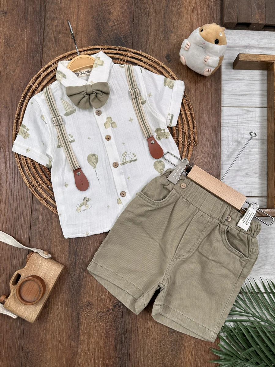 Askı Kemerli Papyonlu Müslin Gömlek Keten Şort Yazlık Erkek Bebek Takım - HAKİ YEŞİL