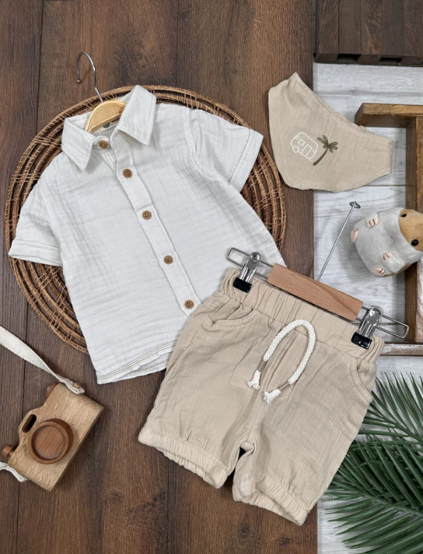  Müslin Gömlek Palmiye Nakışlı Fularlı Şortlu Yazlık Erkek Bebek Takım - BEJ