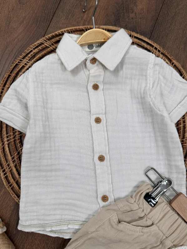  Müslin Gömlek Palmiye Nakışlı Fularlı Şortlu Yazlık Erkek Bebek Takım - BEJ