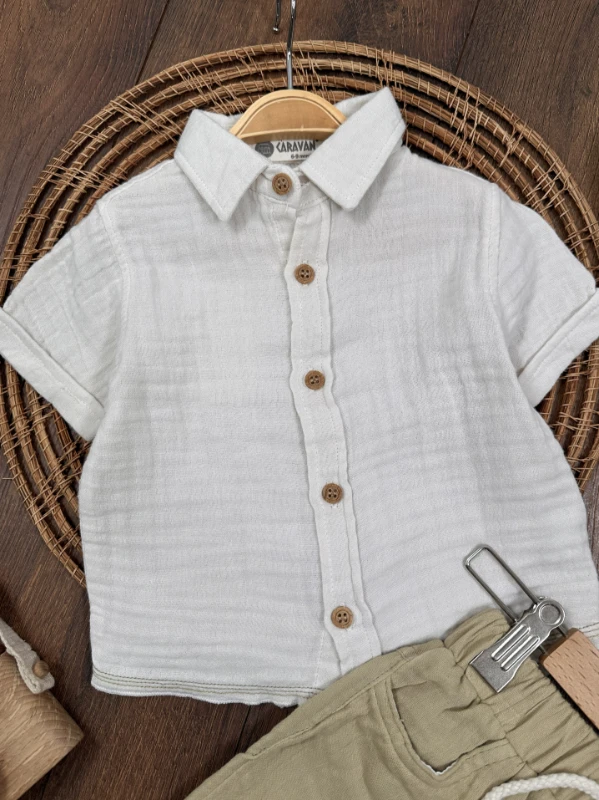  Müslin Gömlek Palmiye Nakışlı Fularlı Şortlu Yazlık Erkek Bebek Takım - BEJ