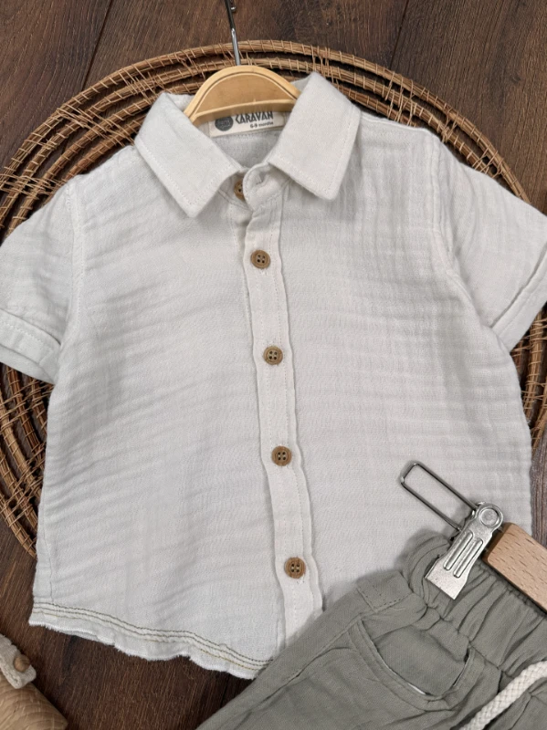  Müslin Gömlek Palmiye Nakışlı Fularlı Şortlu Yazlık Erkek Bebek Takım - BEJ