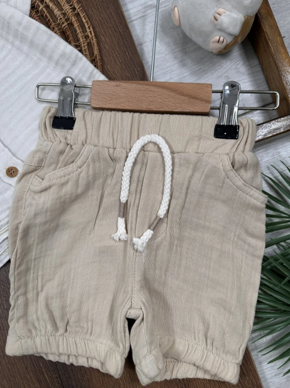  Müslin Gömlek Palmiye Nakışlı Fularlı Şortlu Yazlık Erkek Bebek Takım - BEJ