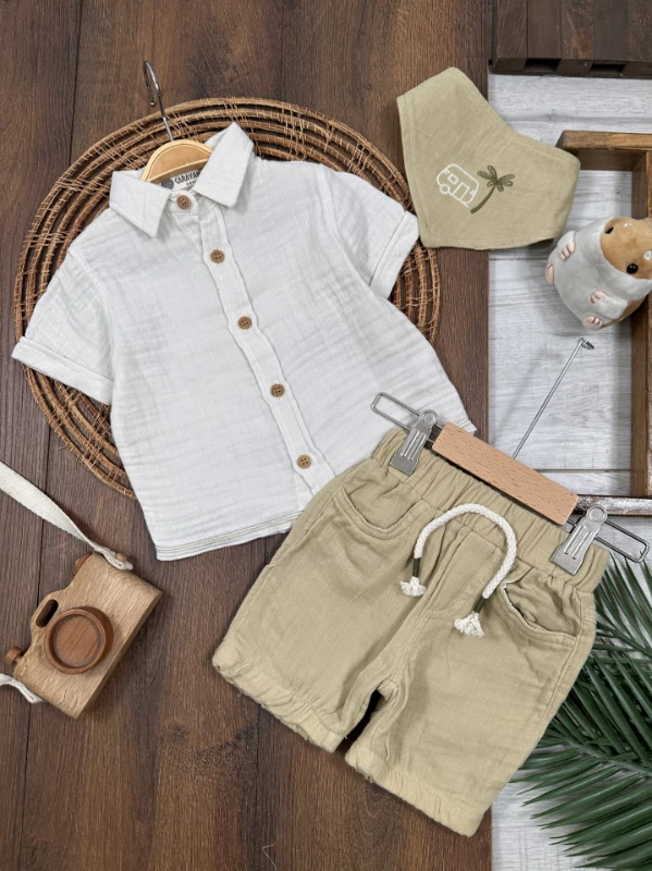  Müslin Gömlek Palmiye Nakışlı Fularlı Şortlu Yazlık Erkek Bebek Takım - BEJ