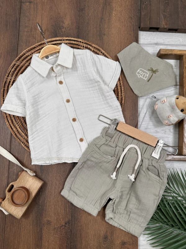  Müslin Gömlek Palmiye Nakışlı Fularlı Şortlu Yazlık Erkek Bebek Takım - BEJ