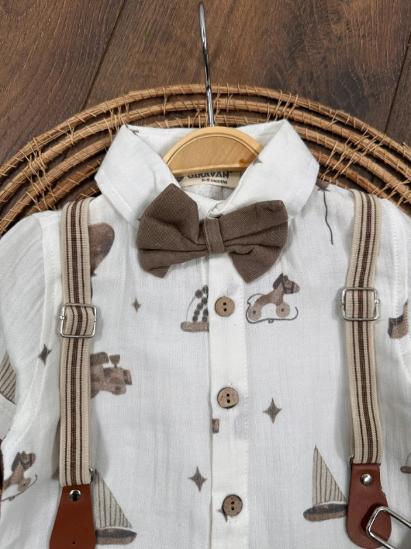 Askı Kemerli Papyonlu Müslin Gömlek Keten Şort Yazlık Erkek Bebek Takım - KAHVE