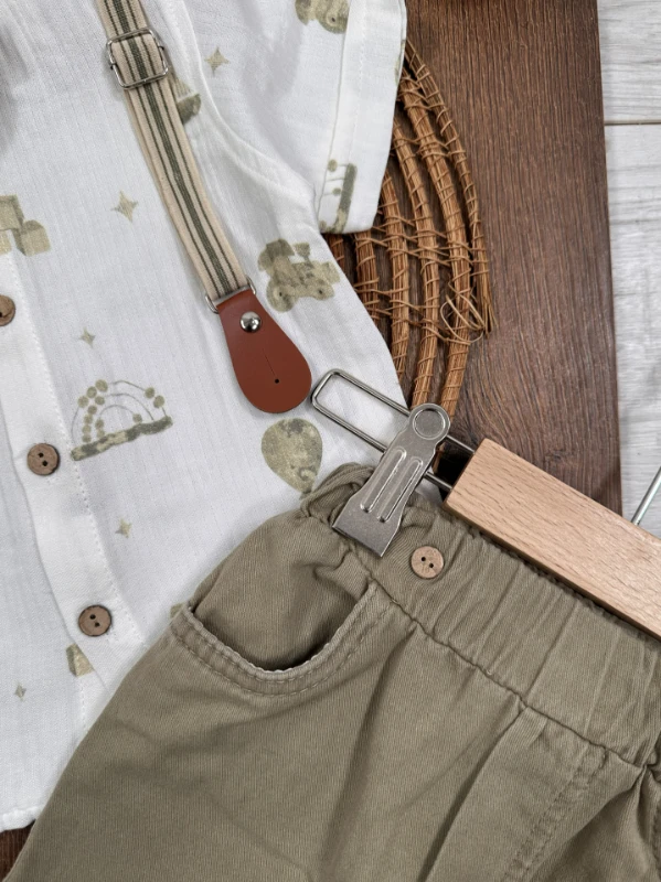 Askı Kemerli Papyonlu Müslin Gömlek Keten Şort Yazlık Erkek Bebek Takım - KAHVE