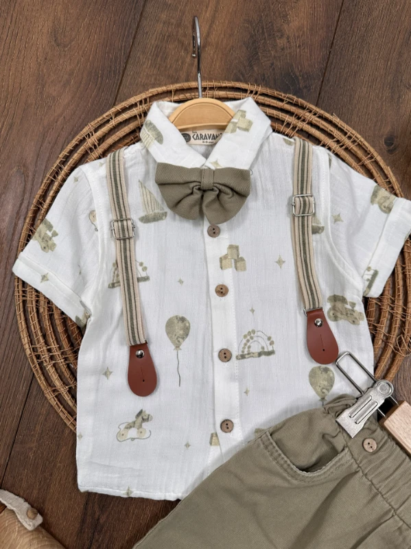 Askı Kemerli Papyonlu Müslin Gömlek Keten Şort Yazlık Erkek Bebek Takım - KAHVE