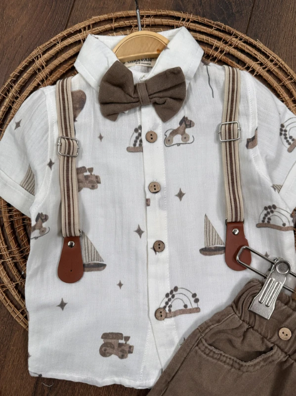 Askı Kemerli Papyonlu Müslin Gömlek Keten Şort Yazlık Erkek Bebek Takım - KAHVE