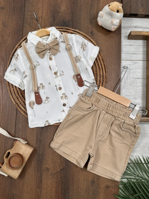 Askı Kemerli Papyonlu Müslin Gömlek Keten Şort Yazlık Erkek Bebek Takım - KAHVE